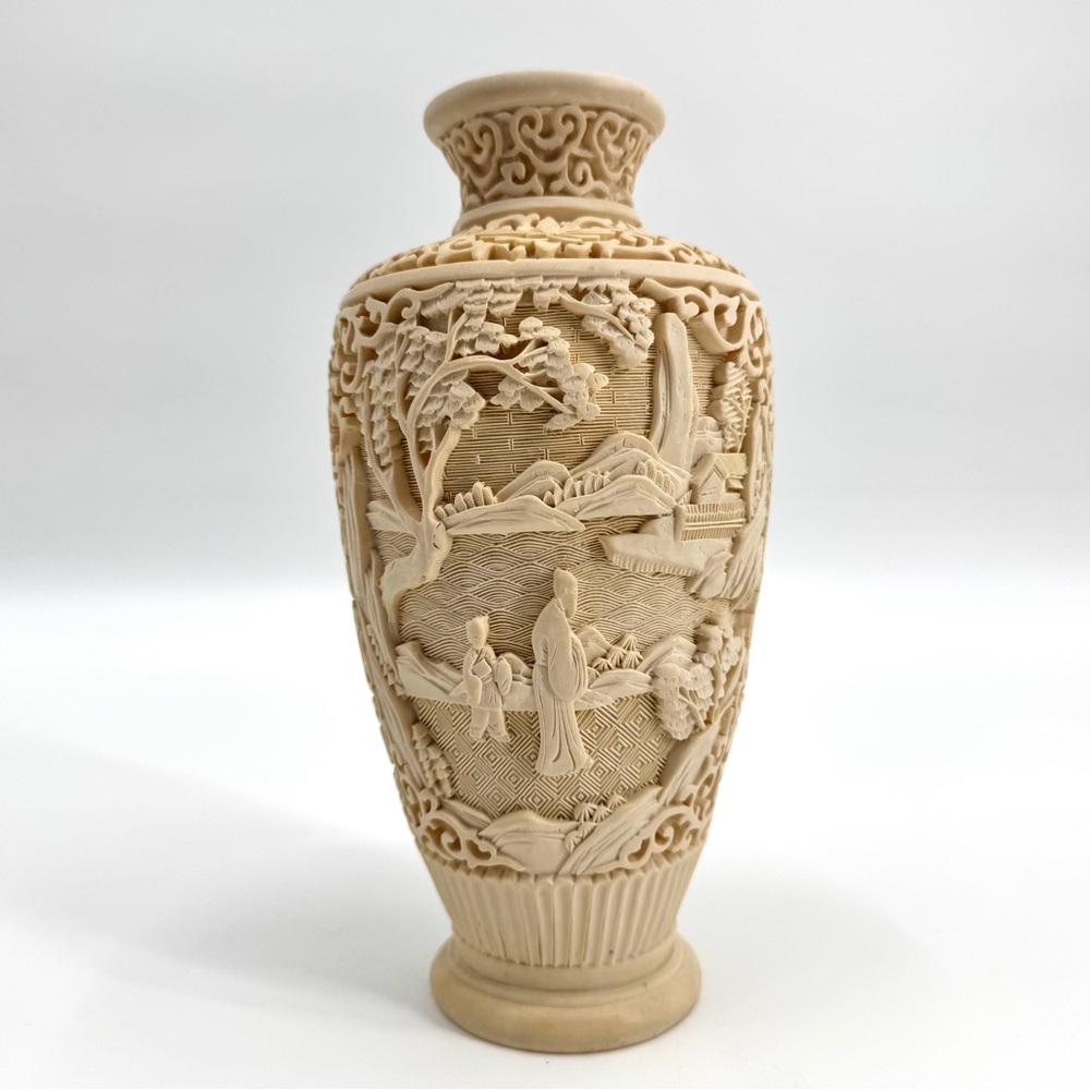 Ancient Asian “Cinnabar" Reproduction Hand-carved Resin Vase
